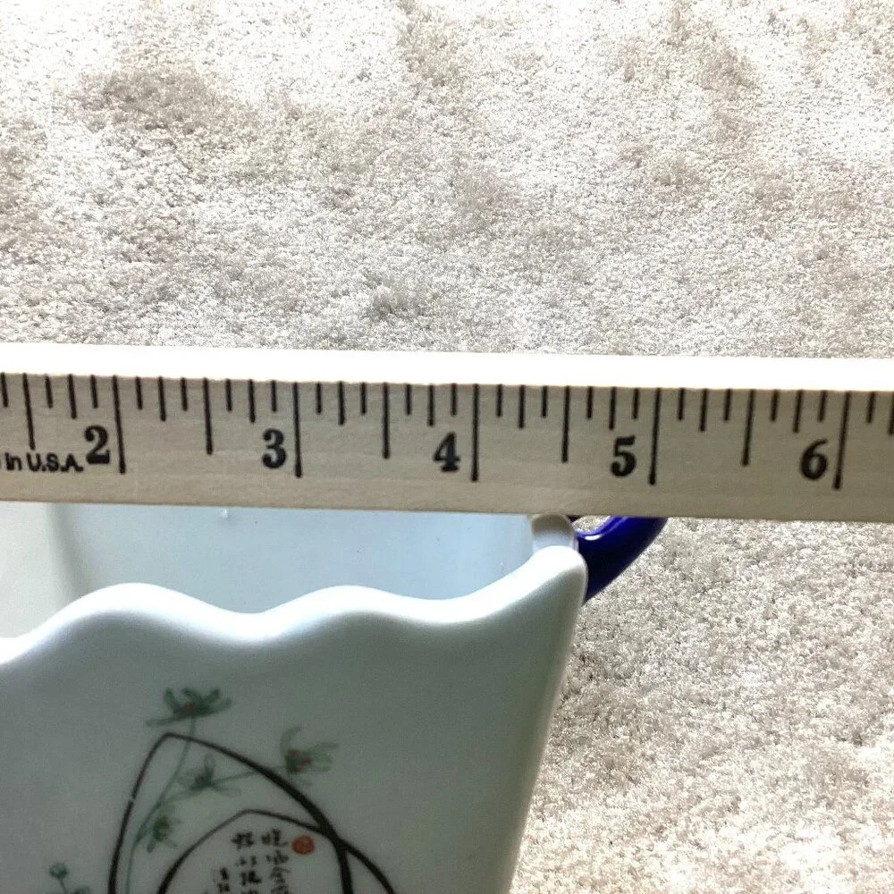 Vintage Chinese Porcelain Vase Planter With‎ Blue Handles & Floral Bamboo Design
